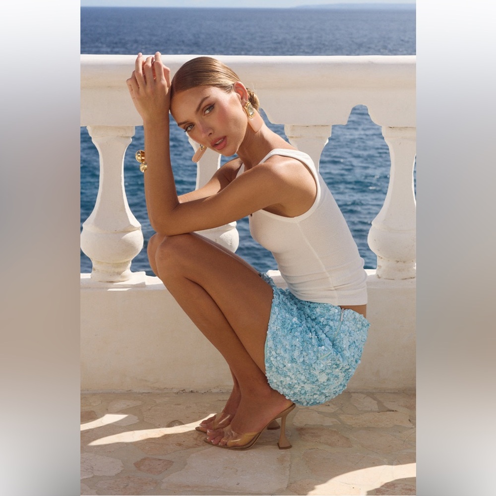 Light Blue Floral Sequin Mini Skirt - Women's - Picture 4 of 12